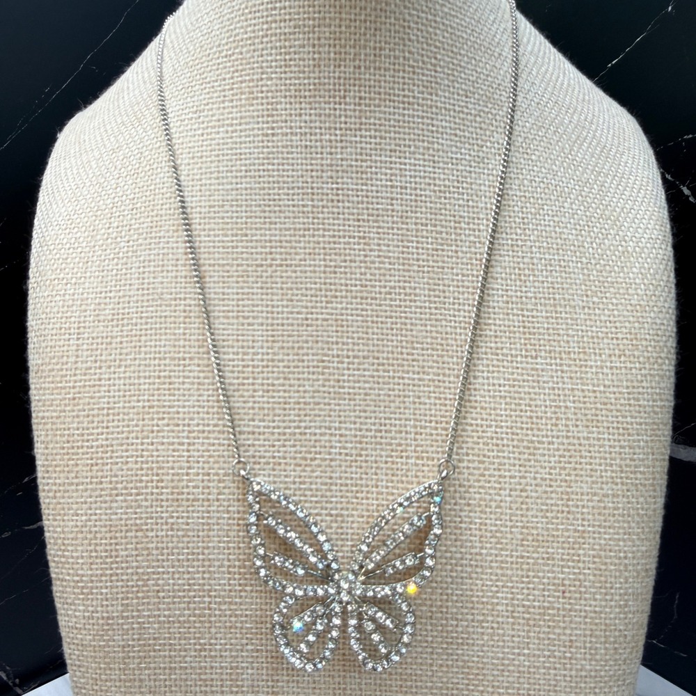 Lane Bryant Silver Tone Rhinestone Butterfly Pendant Necklace Adjustable Chain